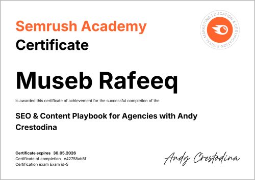 Semrush SEO & Content Playbook for Agencies with Andy certificate