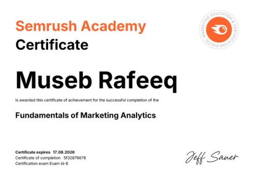 Fundamentals of Marketing Analytics GA, GSC n Semrush Certified