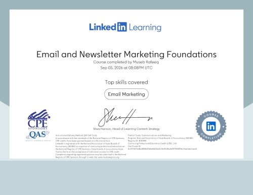 Email and Newsletter Marketing Foundations Certificate by Linkedin and NASBA CPE Sponsors