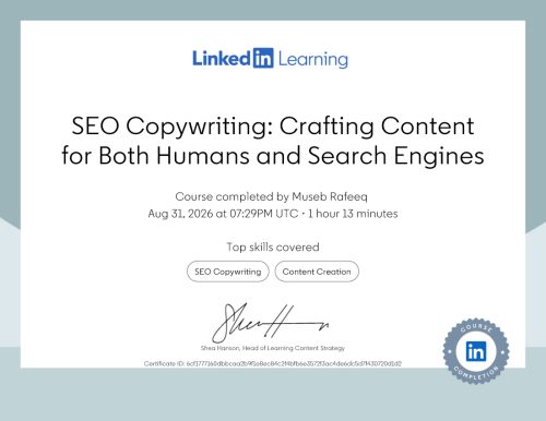 SEO Copywriting Crafting Content for Both Humans and Search Engines Certification by LinkedIn